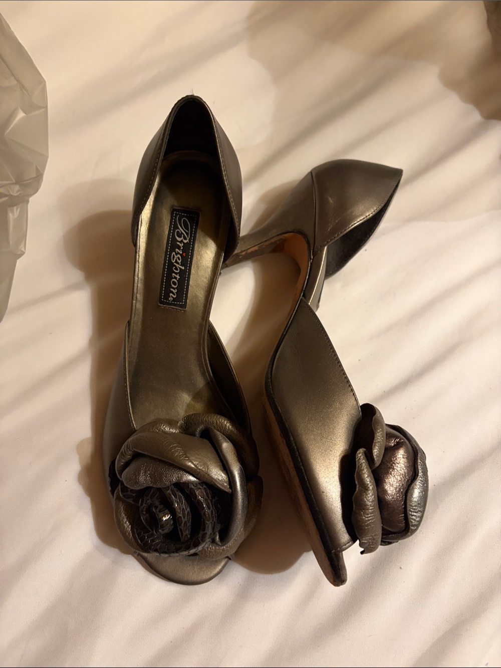 Brighton Rosina Metallic Pewter Floral-Embellished Pointed-Toe Heels